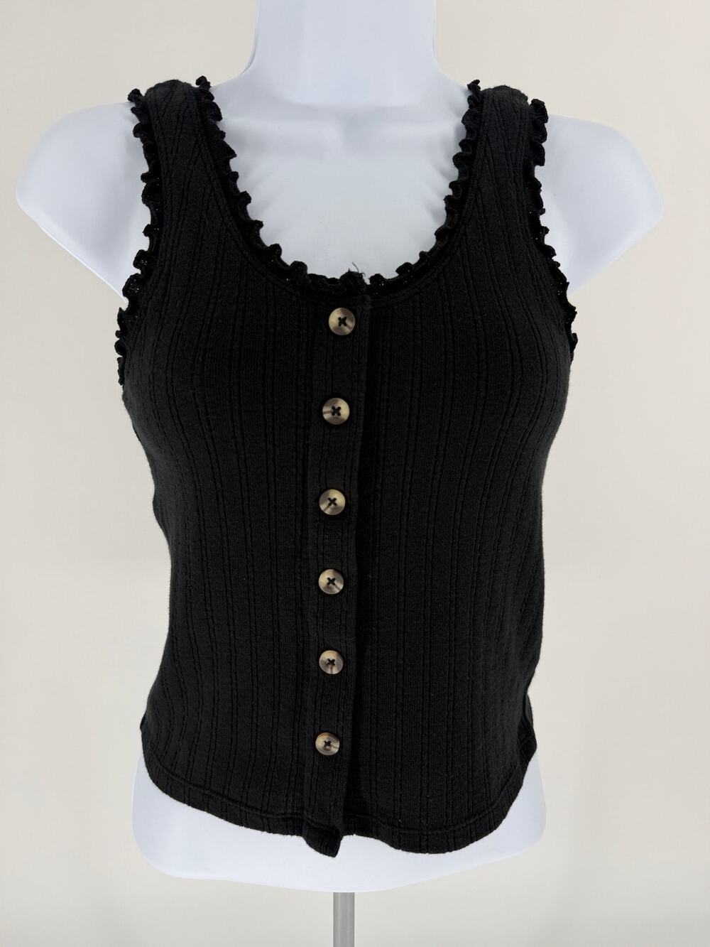 SO Womens Small Black Ribbed Button Front Henley Tank Top Lettuce Trim Stretch